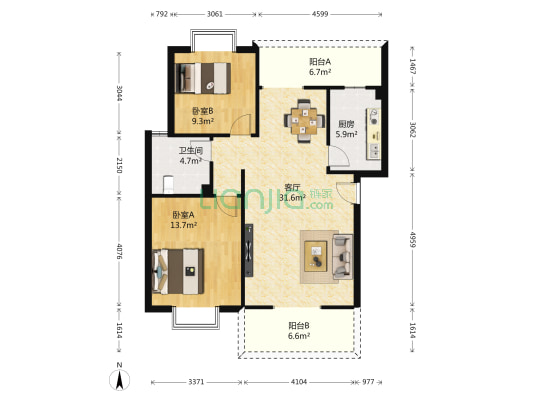 花洲原城小筑 2室1厅1卫 90平方