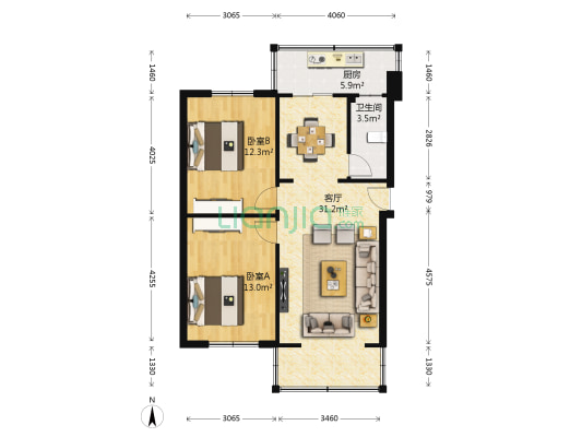 磨底河沿巷3号 2室1厅1卫 66平方