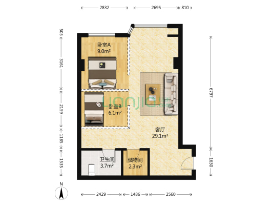兆富国际 2室1厅1卫 77平方