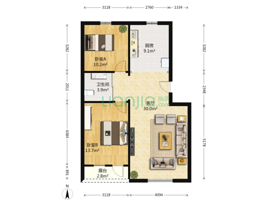 筑石·西山香麓 2室1厅1卫 91平方