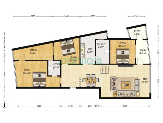 昱华金果园 3室1厅2卫 129平方