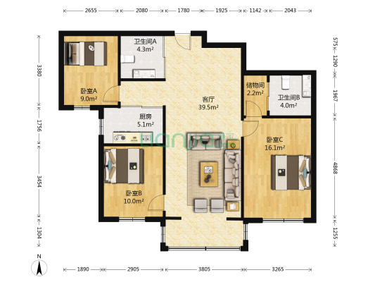 卓越方舟 3室1厅2卫 128平方