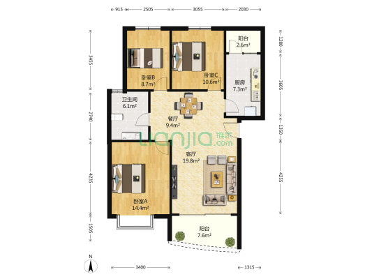 丽阳天下C区 3室2厅1卫 97平方