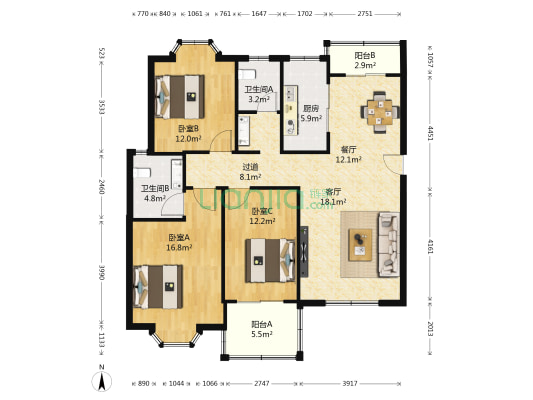 居易国际城 3室2厅2卫 124平方