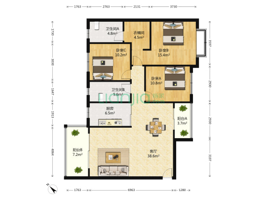 恒大新城一期 3室1厅2卫 134平方