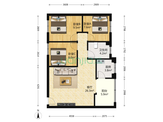 华景新城福门阁 3室1厅1卫 83平方