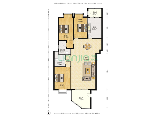 富贵门花园 3室1厅2卫 163平方