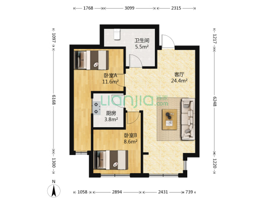 阳光100国际新城C组团 2室1厅1卫 66平方