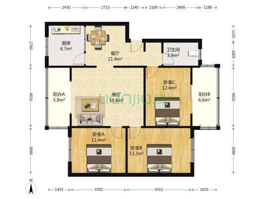 雅生路9号 3室2厅1卫 105平方