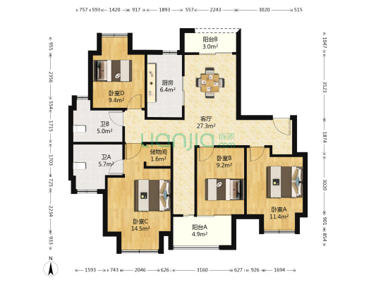 尹山湖景花园三期 4室1厅2卫 119平方