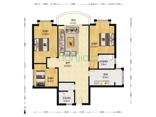 岷江华庭 3室1厅2卫 116平方