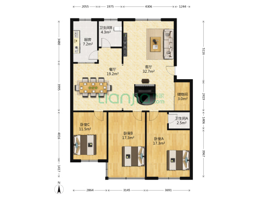 顺德花园 3室2厅2卫 140平方