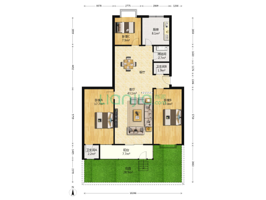 金龙明珠花园 3室1厅3卫 134平方