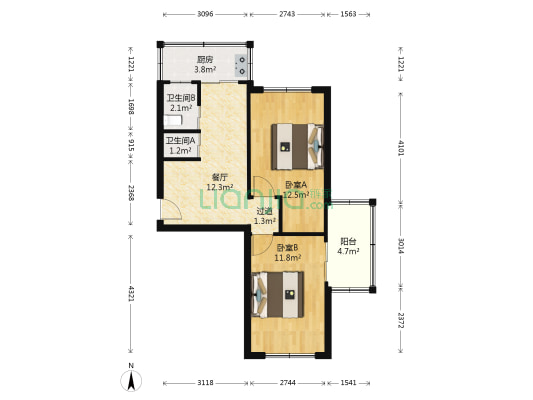 星海公园 2室1厅2卫 64平方
