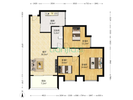 光华阳光水城三期 3室1厅1卫 107平方