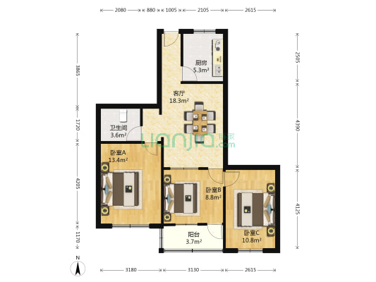 天后宫 3室1厅1卫 76平方