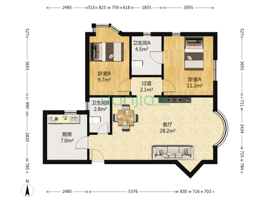 新华豪庭 2室1厅2卫 94平方