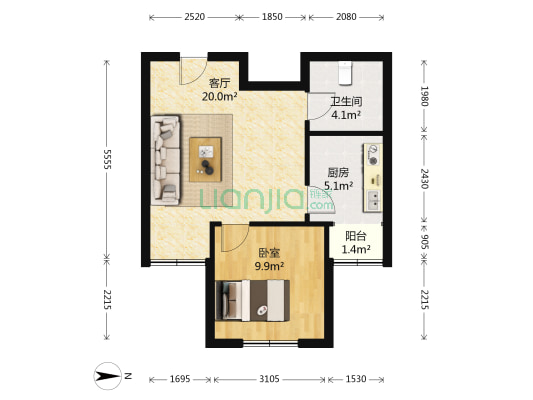 领域佳境 1室1厅1卫 55平方