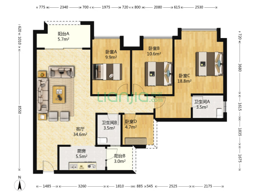 金瓯滨江国际 4室1厅2卫 120平方