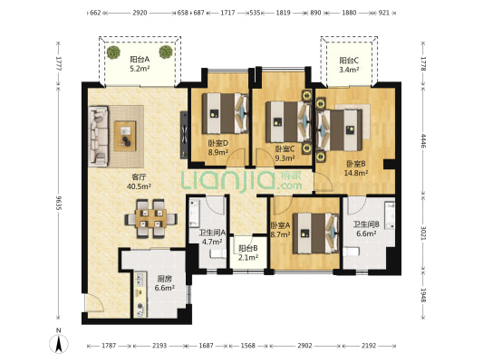 万科峯境 4室1厅2卫 129平方