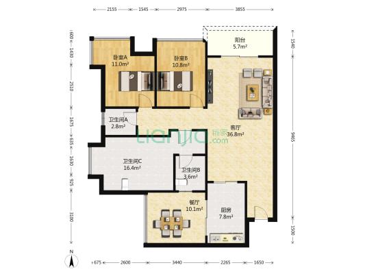 旭庆江湾国际花都 2室2厅3卫 114平方
