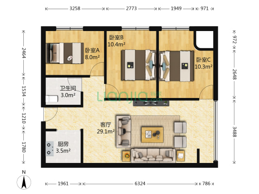 西海豪庭 3室1厅1卫 100平方