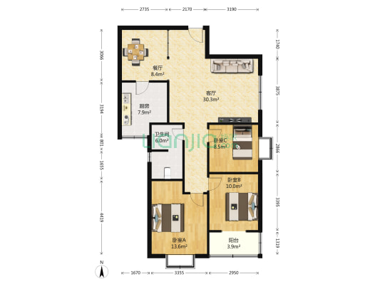 棉纺西路柒号院 3室2厅1卫 120平方