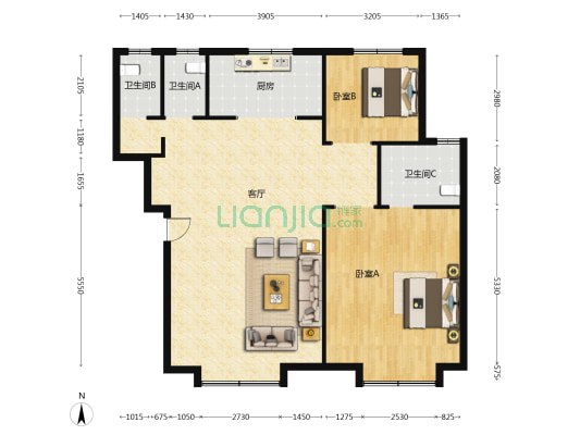 绿城春熙云峰 2室1厅3卫 134平方