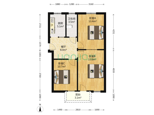 天王巷 3室1厅1卫 75平方
