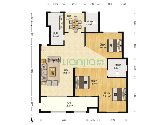 紫澄花园 3室2厅2卫 140平方