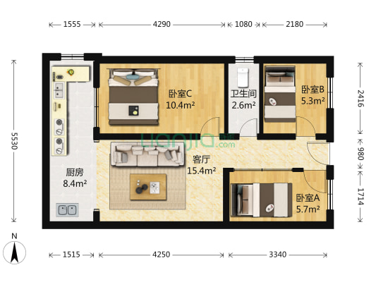 平政街34-35号 3室1厅1卫 53平方