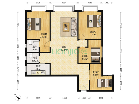 金银湾小区 4室1厅2卫 127平方