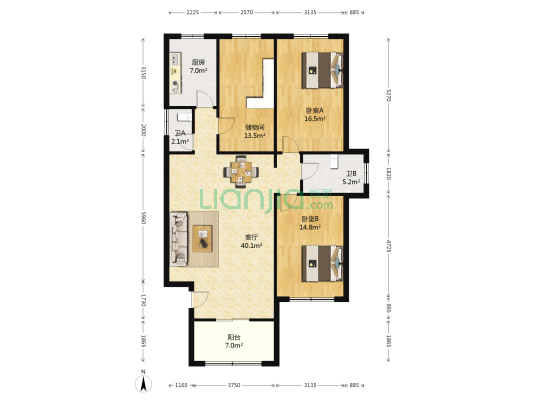 规划局宿舍 2室1厅2卫 133平方