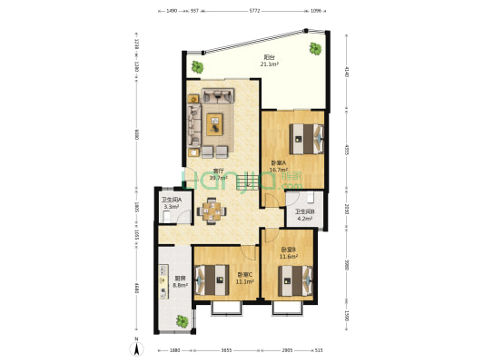 星光大道A区 3室1厅2卫 125平方