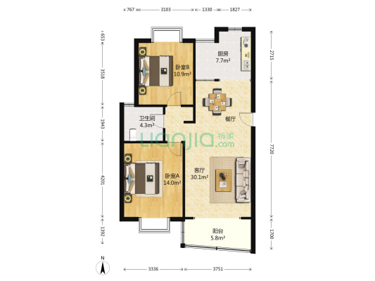 东方龙苑 2室1厅1卫 95平方