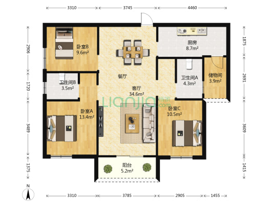 欣馨家园 3室1厅2卫 91平方