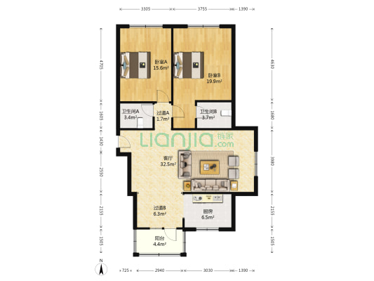 明悦浪漫城 2室1厅2卫 134平方