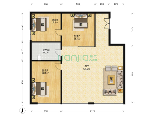 黄海置地广场 3室1厅1卫 382平方