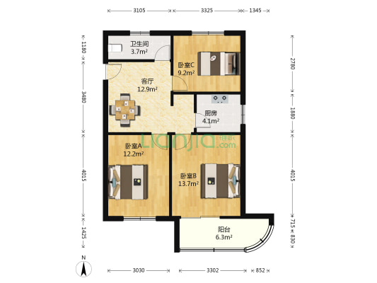 东新街2号 3室1厅1卫 79平方