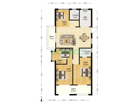 金山大厦 4室1厅2卫 120平方