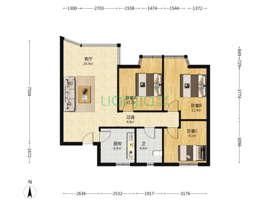 白马花园 3室1厅1卫 90平方