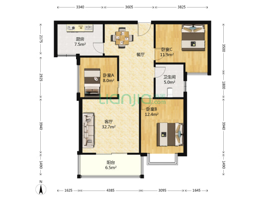 龙御名郡 3室1厅1卫 103平方