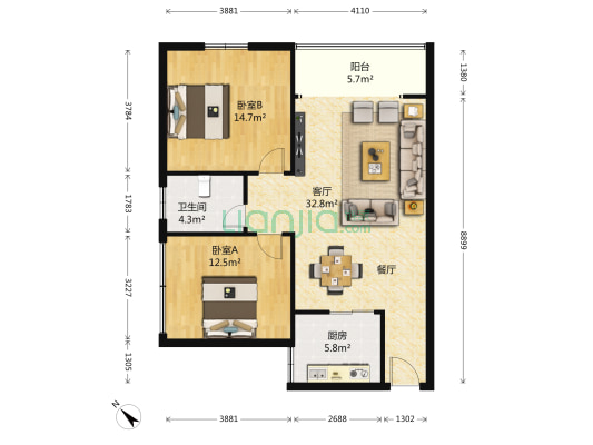 红光紫都商住楼 2室1厅1卫 102平方