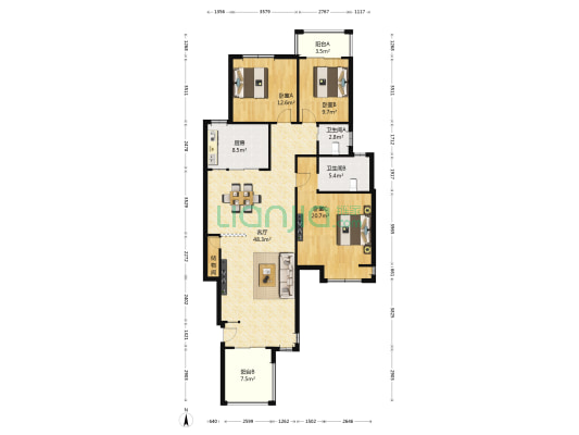 新港名墅花园西区 3室1厅2卫 130平方