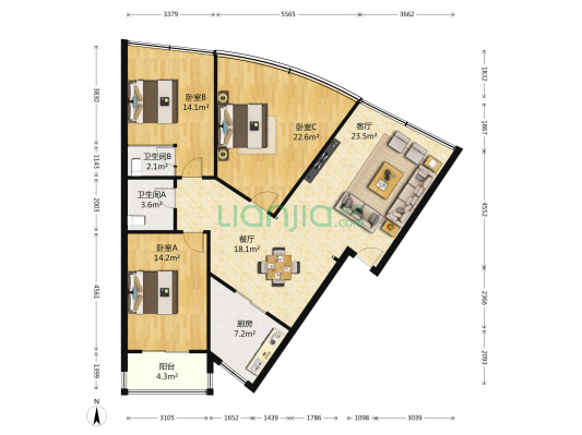 丹庆花园 3室2厅2卫 127平方