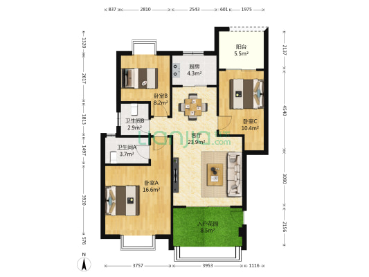 东方新城一期A8组团 3室1厅2卫 97平方