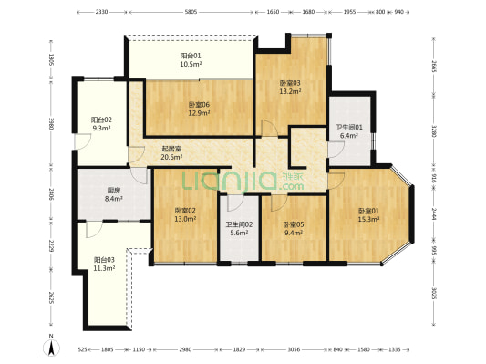中德英伦世邦F区 5室1厅2卫 136平方