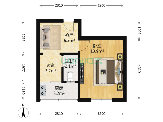 中大南街57到87号 1室1厅1卫 34平方