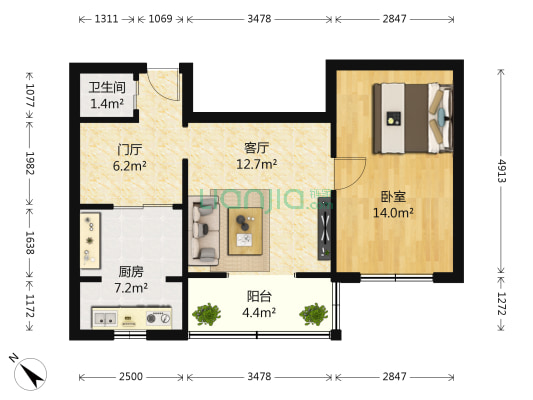 肖家河东一巷13号 1室1厅1卫 48平方
