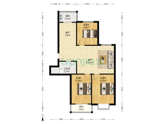 绿色家园 3室2厅1卫 102平方